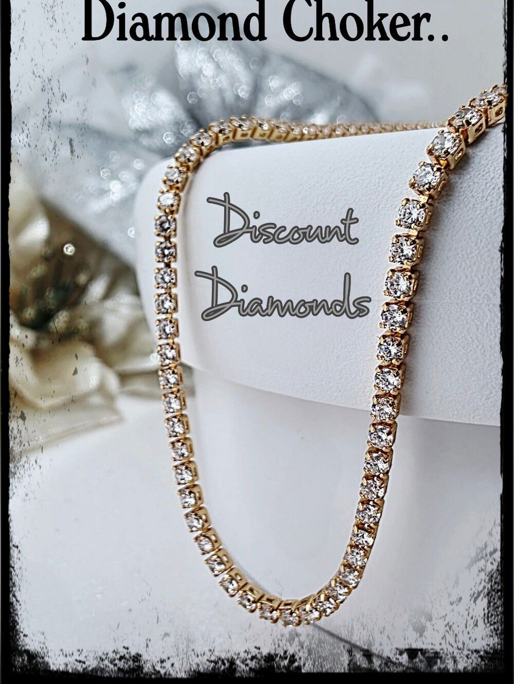 Choker Clear White Baguette Diamond Necklace 18K Gold over 925 Sterling Silver